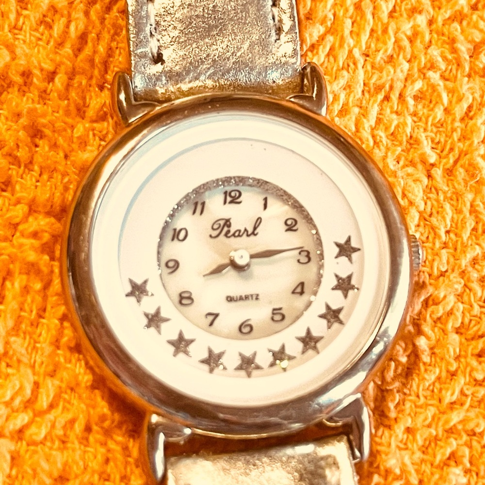 leather watch vtg w/rotating stars RARE metallic silver needs battery